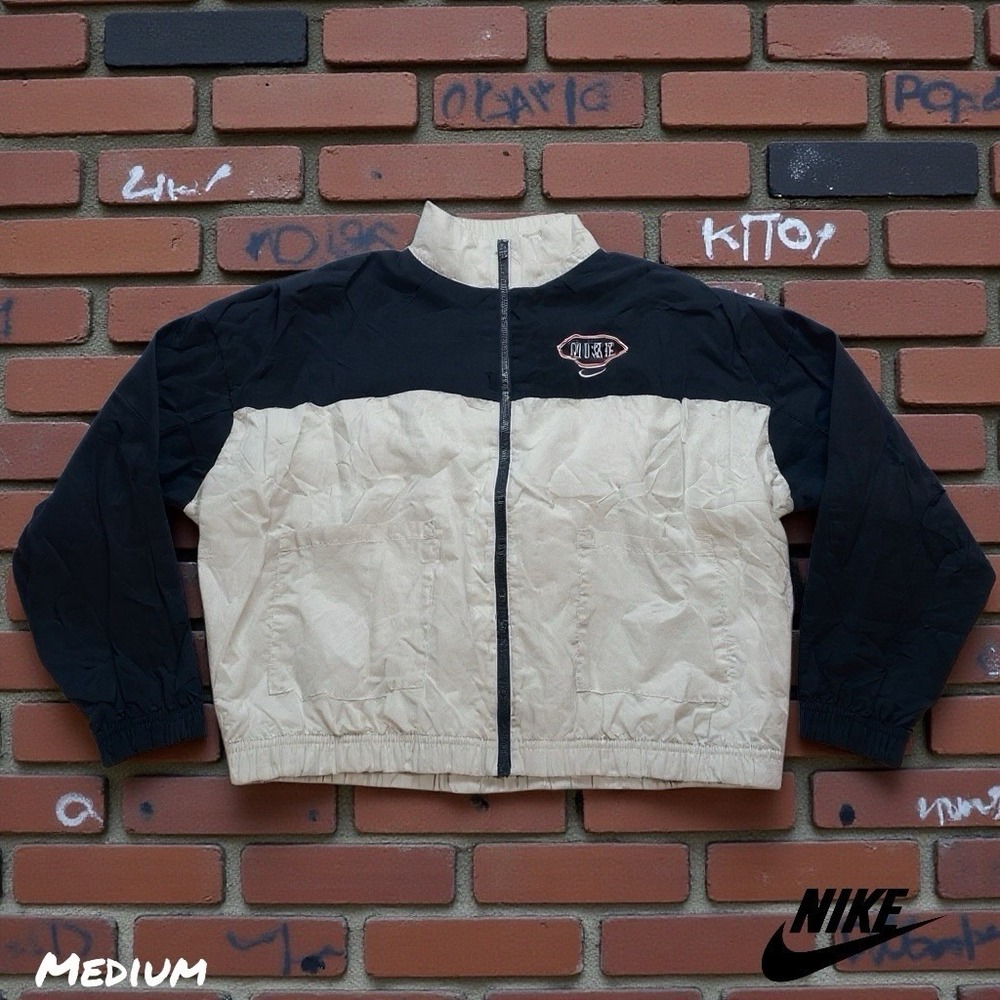 NIKE Windbreaker Jacket Mens MED Black White Full Zip Lined Nylon Embroider Logo